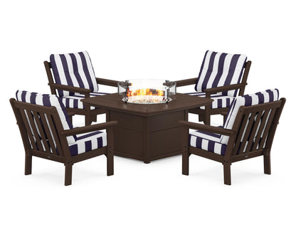 POLYWOOD® Vineyard 5-Piece Conversation Set with Fire Pit Table in Mahogany / Cabana Stripe Navy