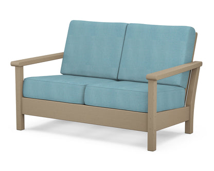 POLYWOOD® Harbour Deep Seating Loveseat in Vintage Sahara / Lattice Sky Blue
