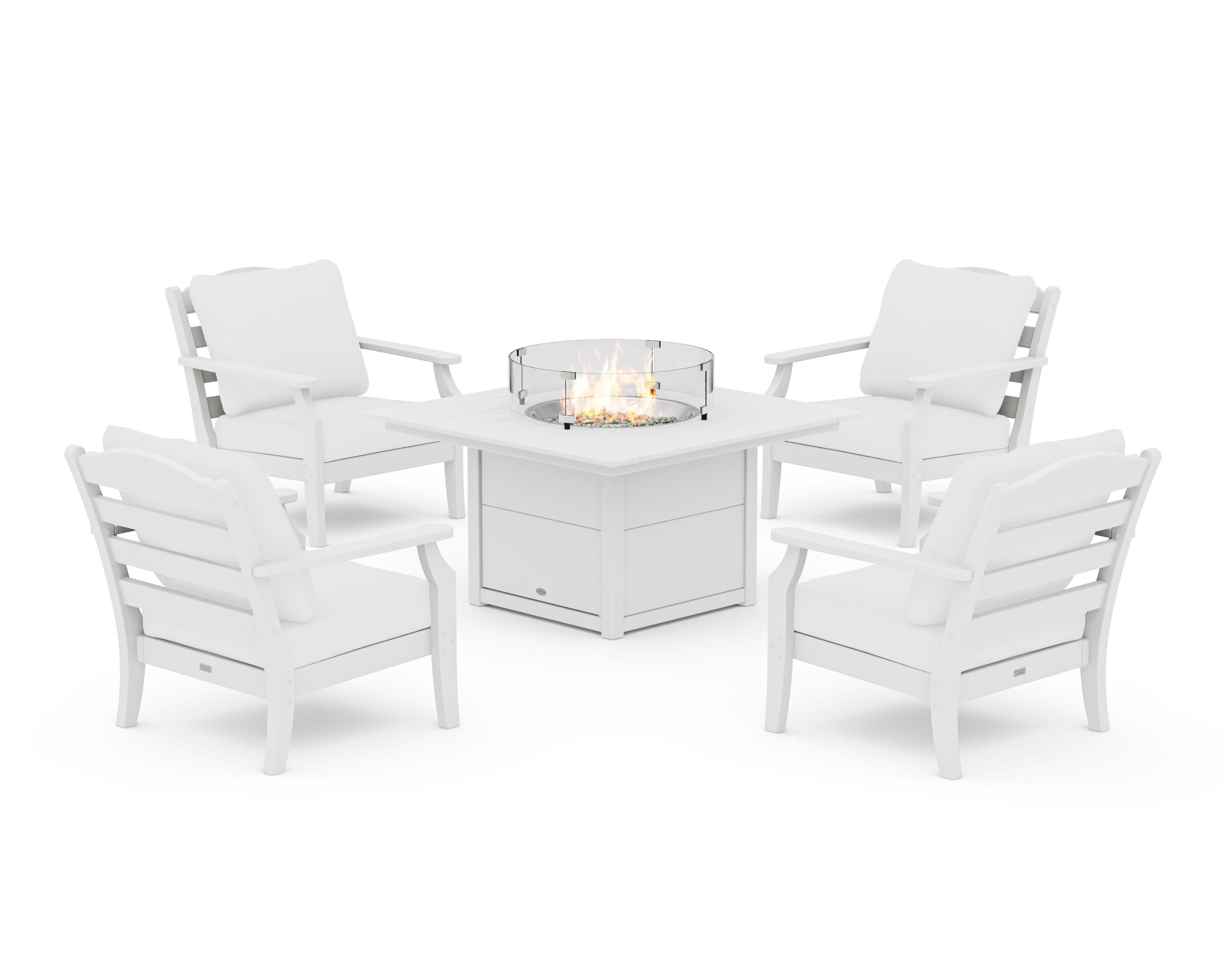 Draper James™ by  POLYWOOD® Savannah 5-Piece Deep Seating Set with Fire Pit Table in White / Natural