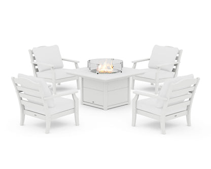 Draper James™ by  POLYWOOD® Savannah 5-Piece Deep Seating Set with Fire Pit Table in White / Natural