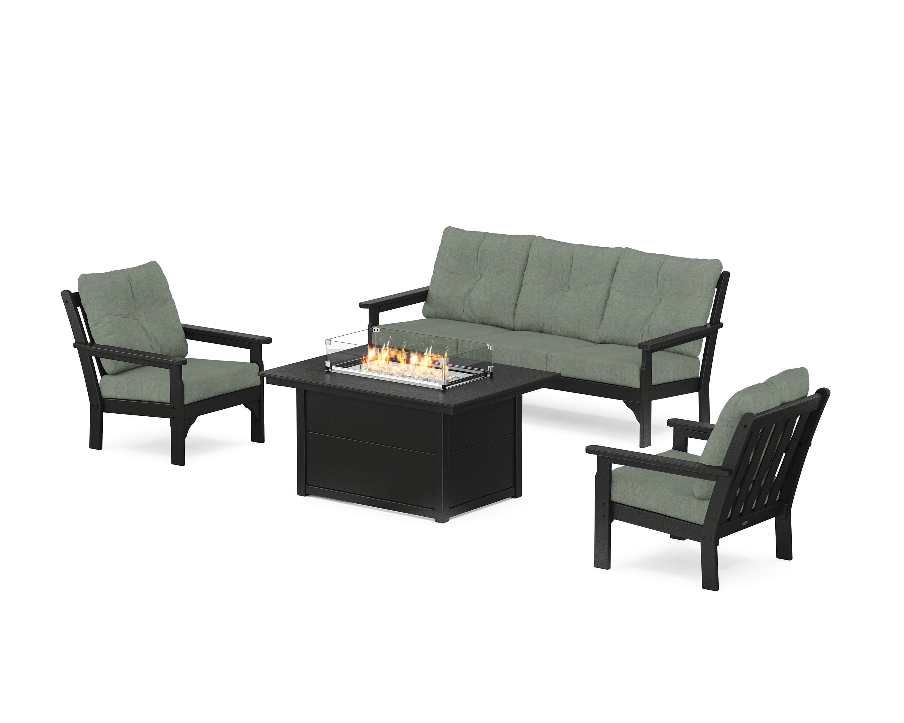 POLYWOOD® Vineyard Deep Seating Fire Pit Table Set in Black / Cast Sage