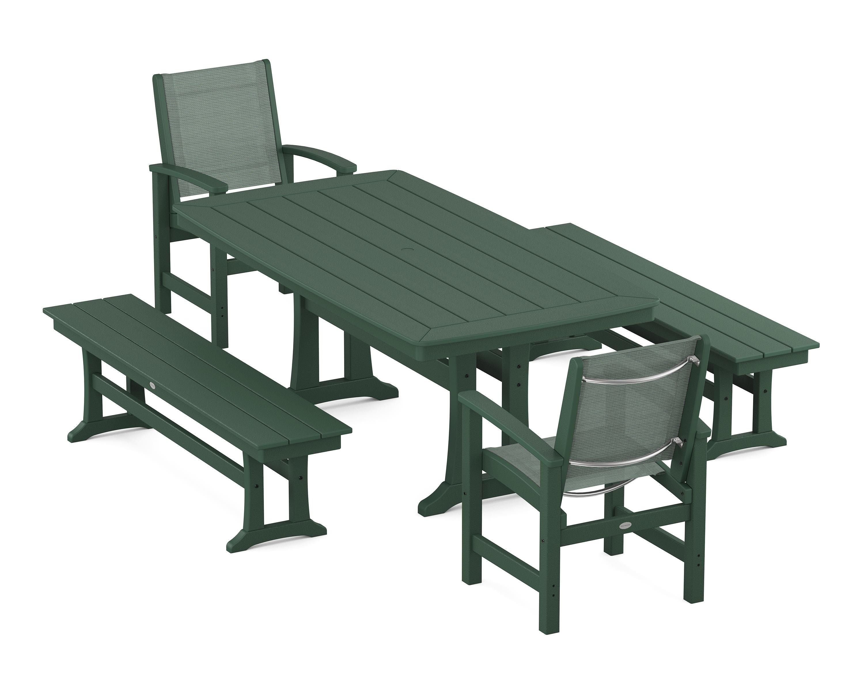 POLYWOOD® Coastal 5-Piece Dining Set with Trestle Legs and Benches in Green / Dupioni Sea Mist Sling