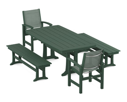 POLYWOOD® Coastal 5-Piece Dining Set with Trestle Legs and Benches in Green / Dupioni Sea Mist Sling