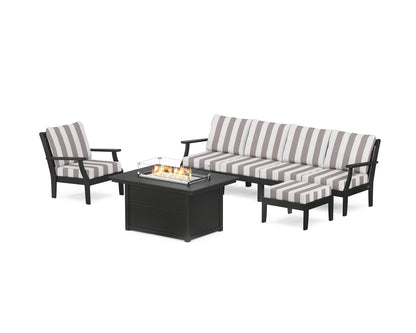 POLYWOOD® Braxton Sectional Lounge and Fire Pit Set in Black / Cabana Stripe Grey Mist