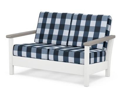 POLYWOOD® Harbour Deep Seating Loveseat in White / Driftwood / Buffalo Plaid Marine Indigo