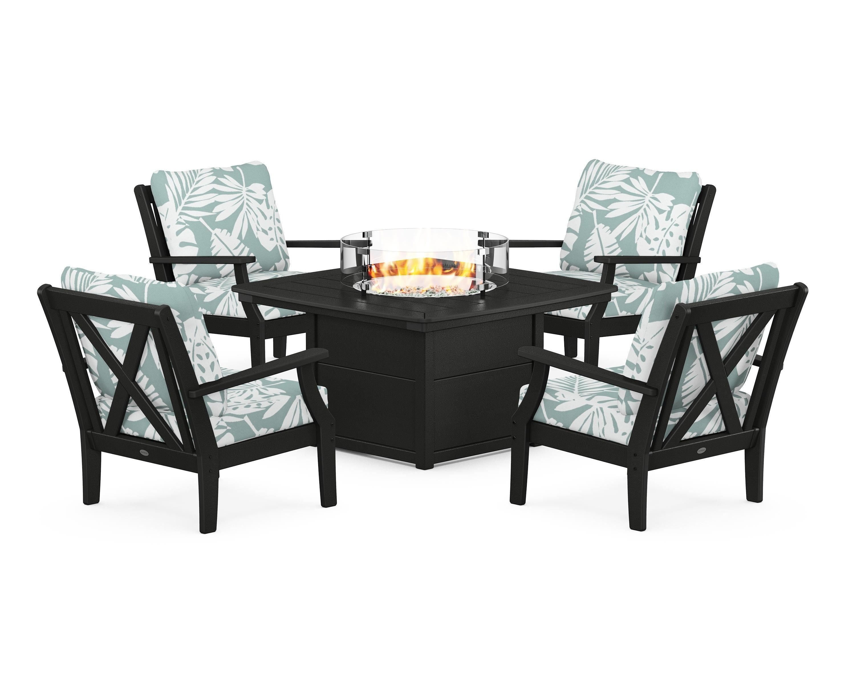 POLYWOOD® Braxton 5-Piece Deep Seating Conversation Set with Fire Pit Table in Black / Leaf Glacier Spa