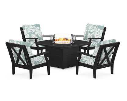 POLYWOOD® Braxton 5-Piece Deep Seating Conversation Set with Fire Pit Table in Black / Leaf Glacier Spa