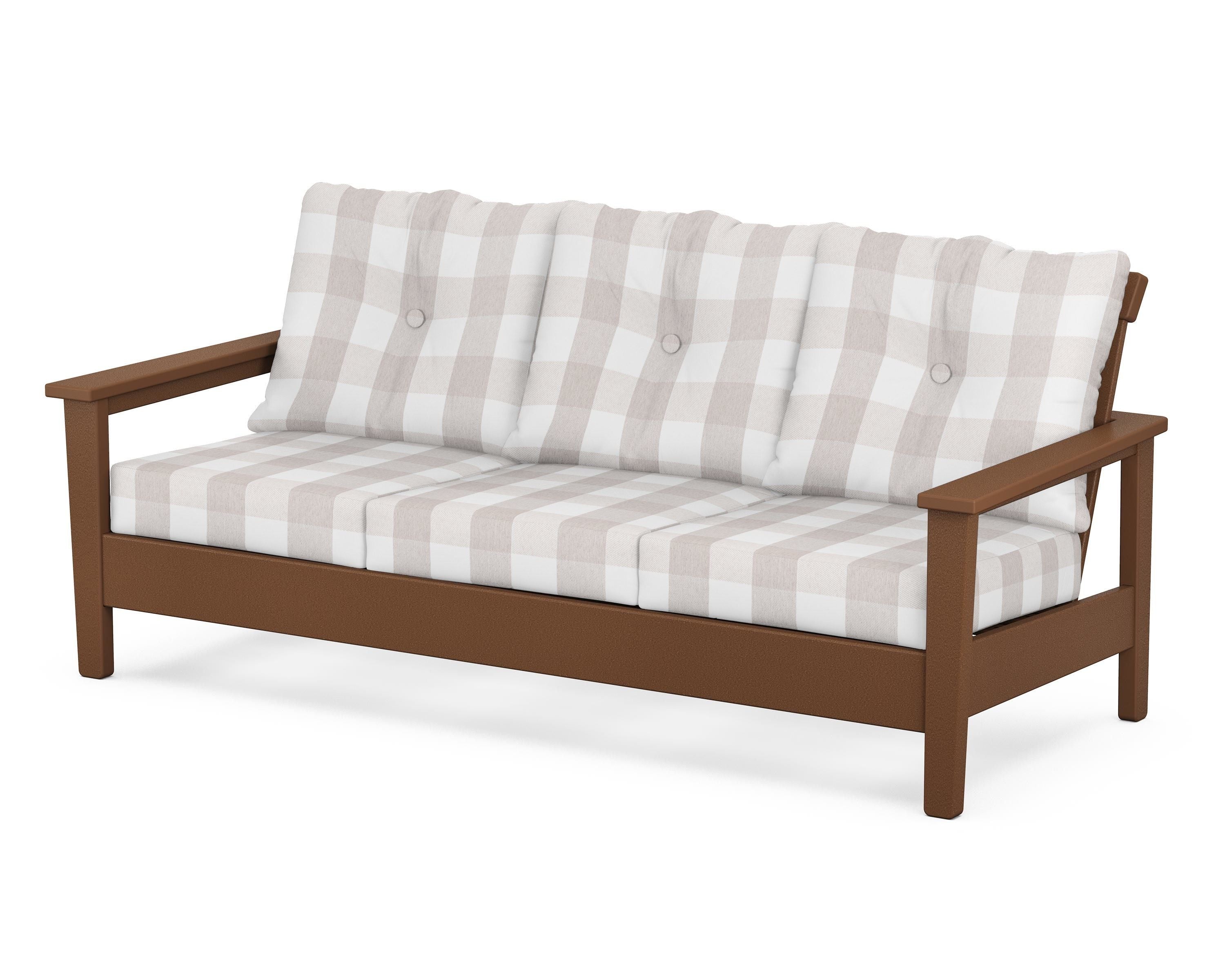 POLYWOOD® Prescott Deep Seating Sofa in Teak / Buffalo Plaid Dune Burlap