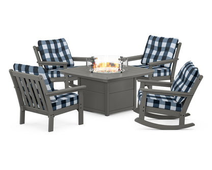 POLYWOOD® Vineyard 5-Piece Deep Seating Rocking Chair Conversation Set with Fire Pit Table in Slate Grey / Buffalo Plaid Marine Indigo