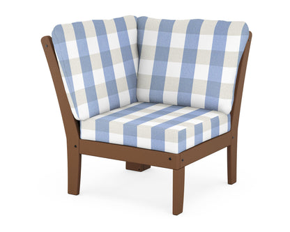 POLYWOOD® Braxton Modular Corner Chair in Teak / Buffalo Plaid Sky Blue