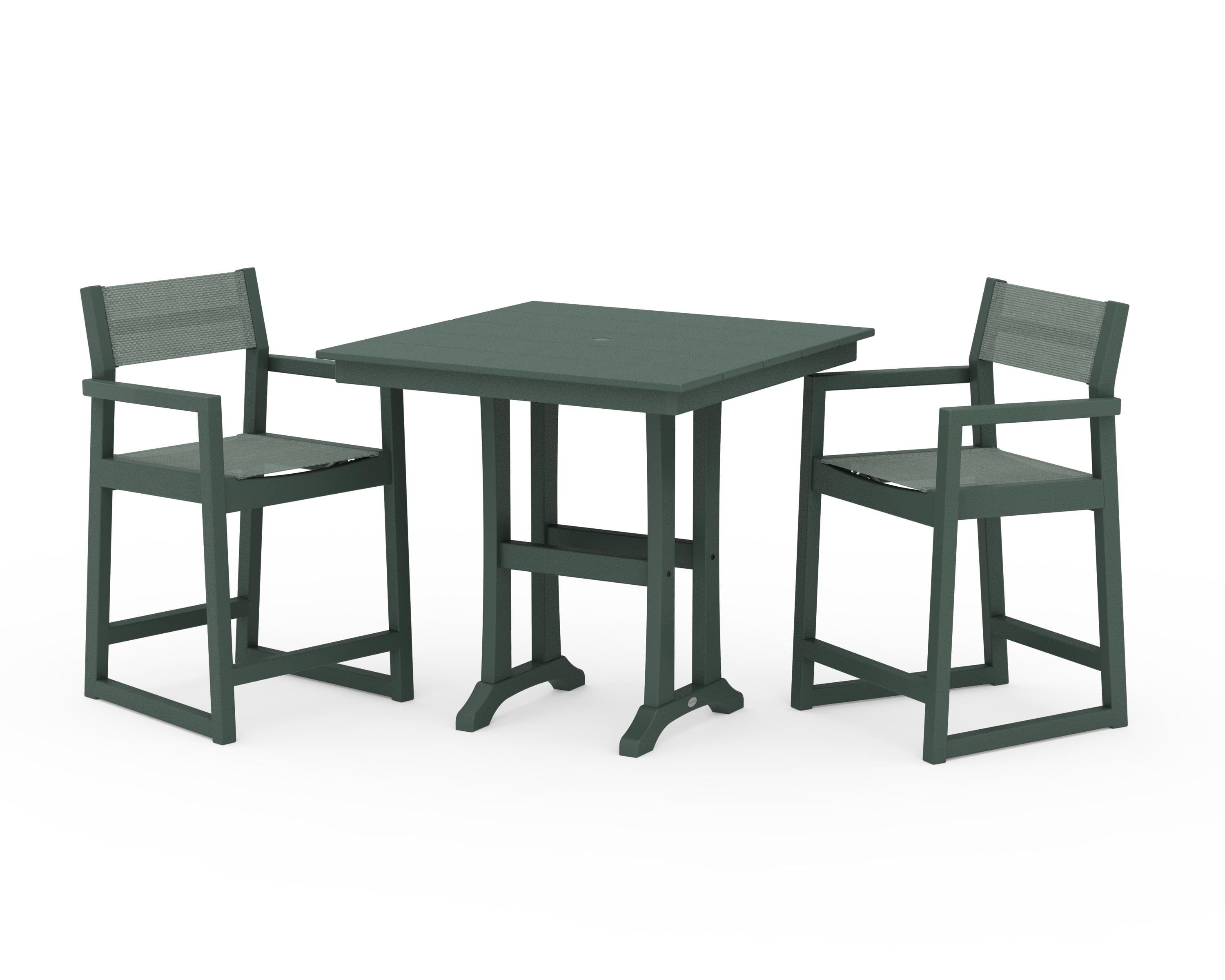 POLYWOOD® EDGE Sling Arm Chair 3-Piece Farmhouse Counter Set with Trestle Legs in Green / Dupioni Sea Mist Sling