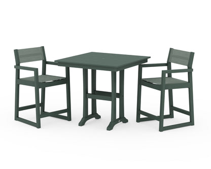 POLYWOOD® EDGE Sling Arm Chair 3-Piece Farmhouse Counter Set with Trestle Legs in Green / Dupioni Sea Mist Sling
