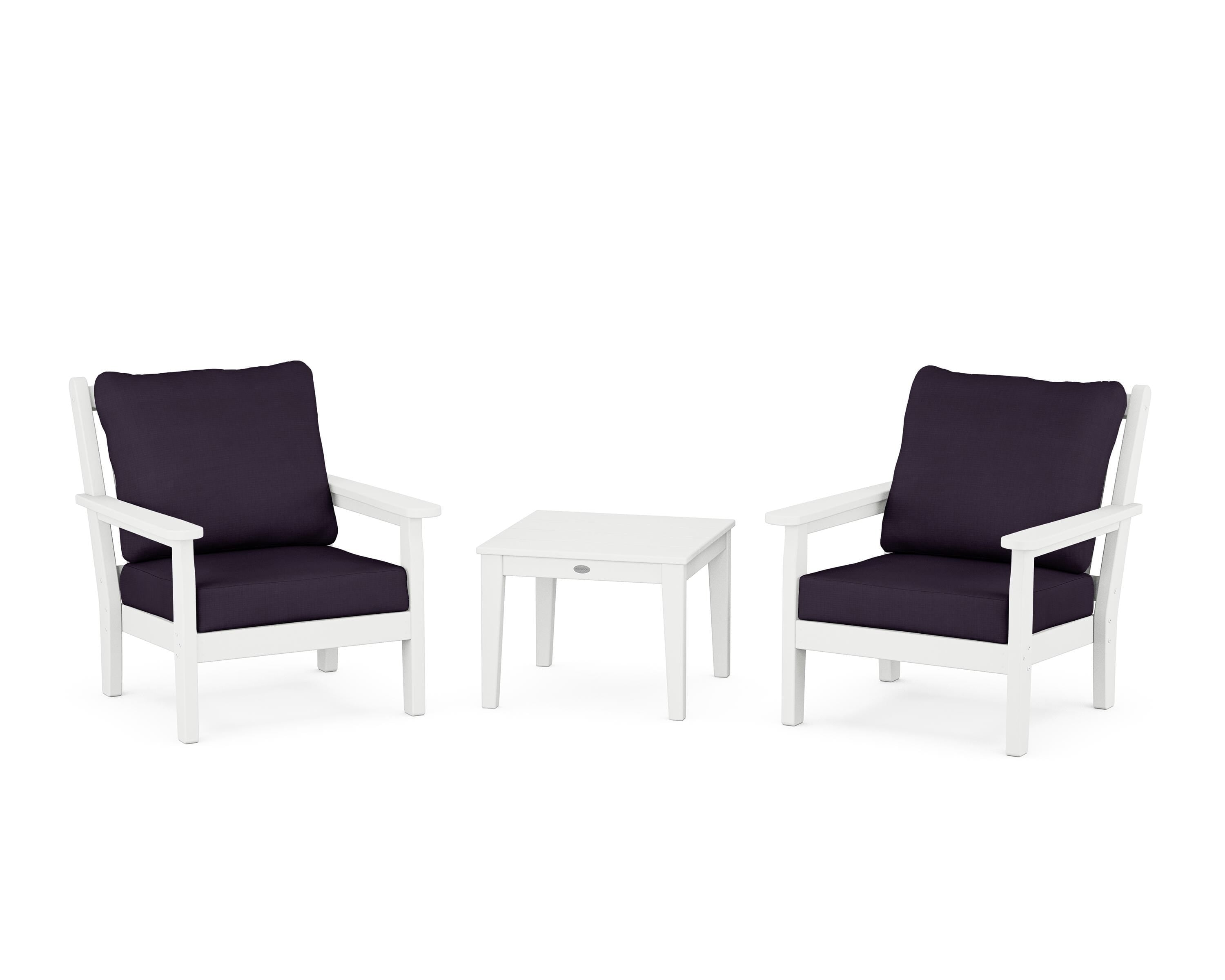 POLYWOOD® Chippendale 3-Piece Deep Seating Set in White / Navy Linen