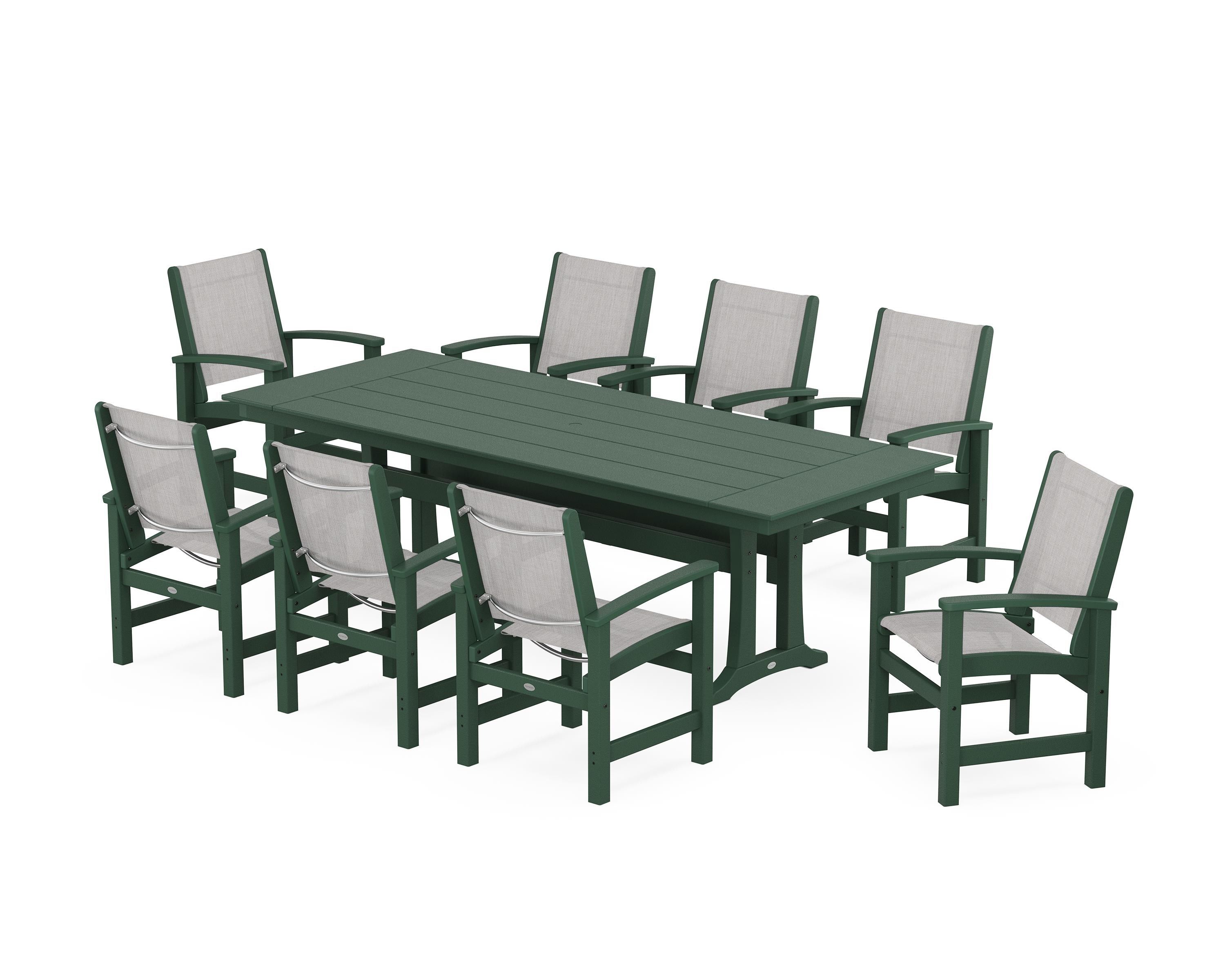 POLYWOOD® Coastal 9-Piece Farmhouse Dining Set with Trestle Legs in Green / Parchment Sling