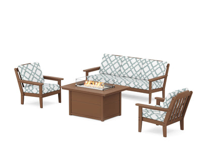 Country Living Cottage Deep Seating Fire Pit Table Set in Teak / Trellis Glacier Spa