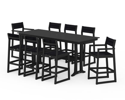 POLYWOOD® EDGE Sling 9-Piece Farmhouse Bar Set with Trestle Legs in Black / Black Sling