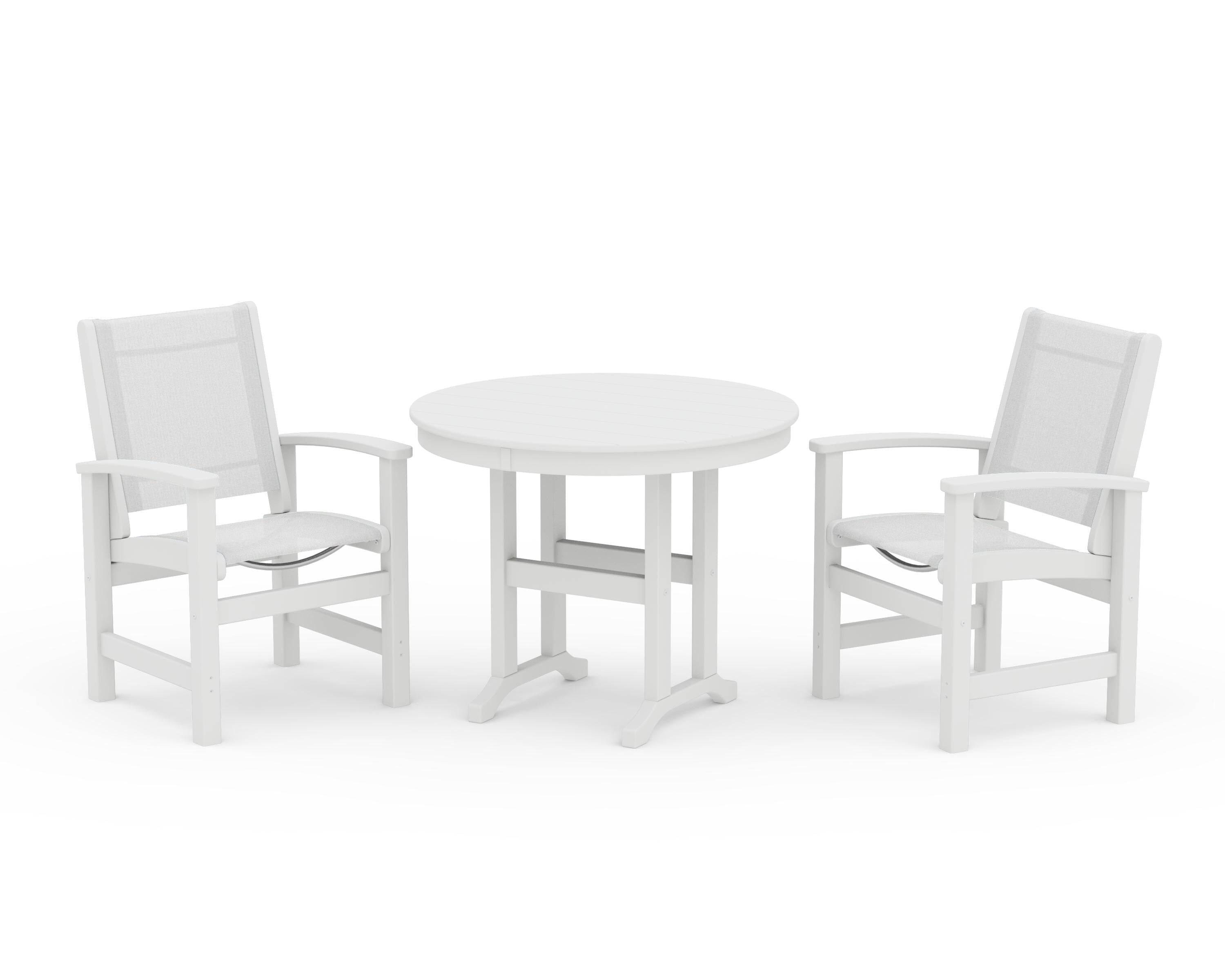 POLYWOOD® Coastal 3-Piece Round Dining Set in White / White Sling