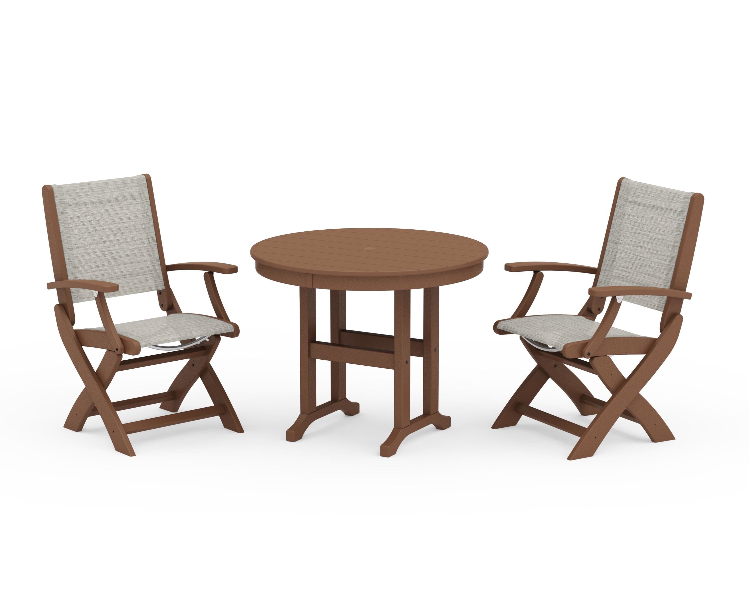 POLYWOOD® Coastal Folding Chair 3-Piece Round Dining Set in Teak / Birch Sling
