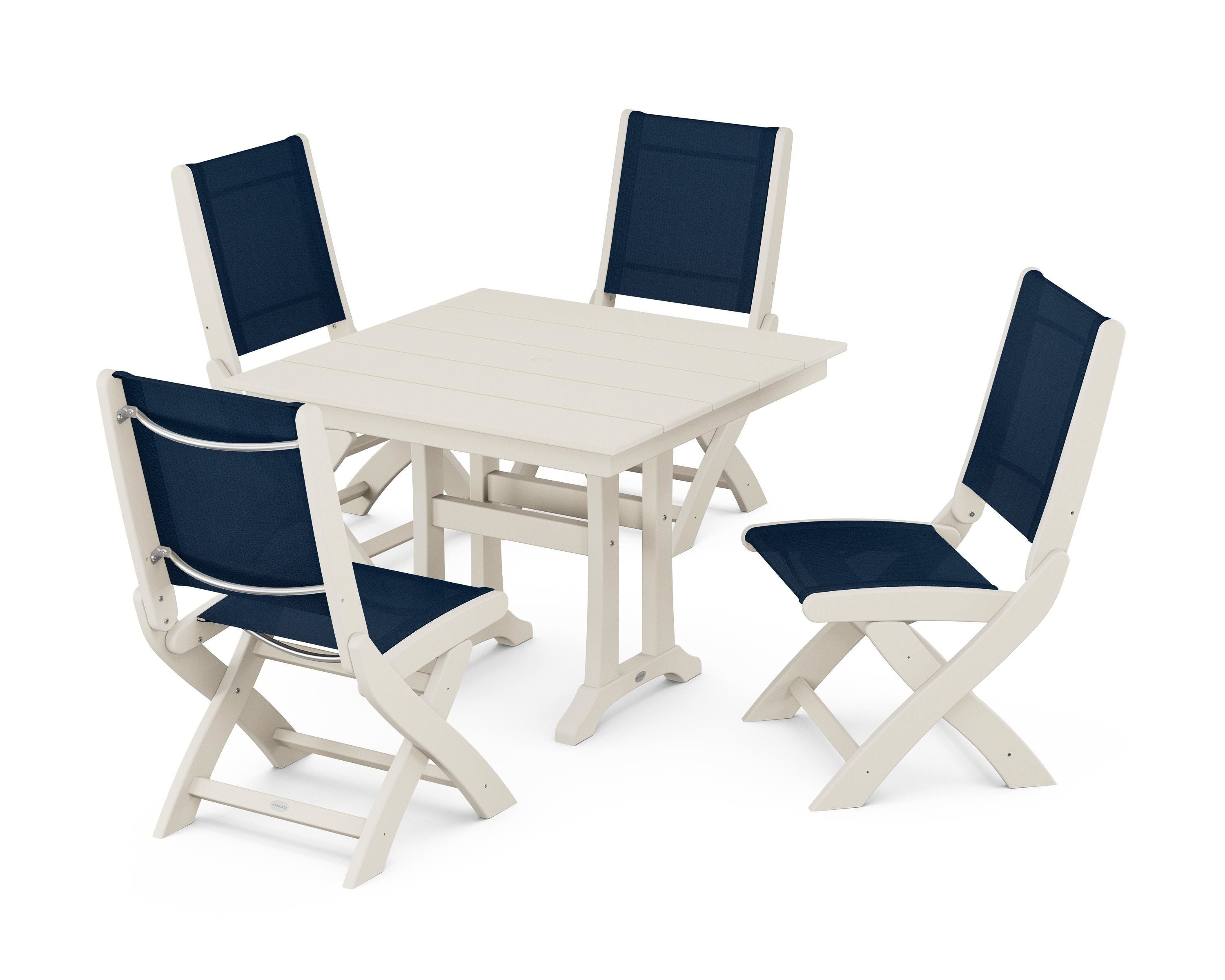 POLYWOOD® Coastal Folding Side Chair 5-Piece Farmhouse Dining Set With Trestle Legs in Sand / Navy Blue Sling
