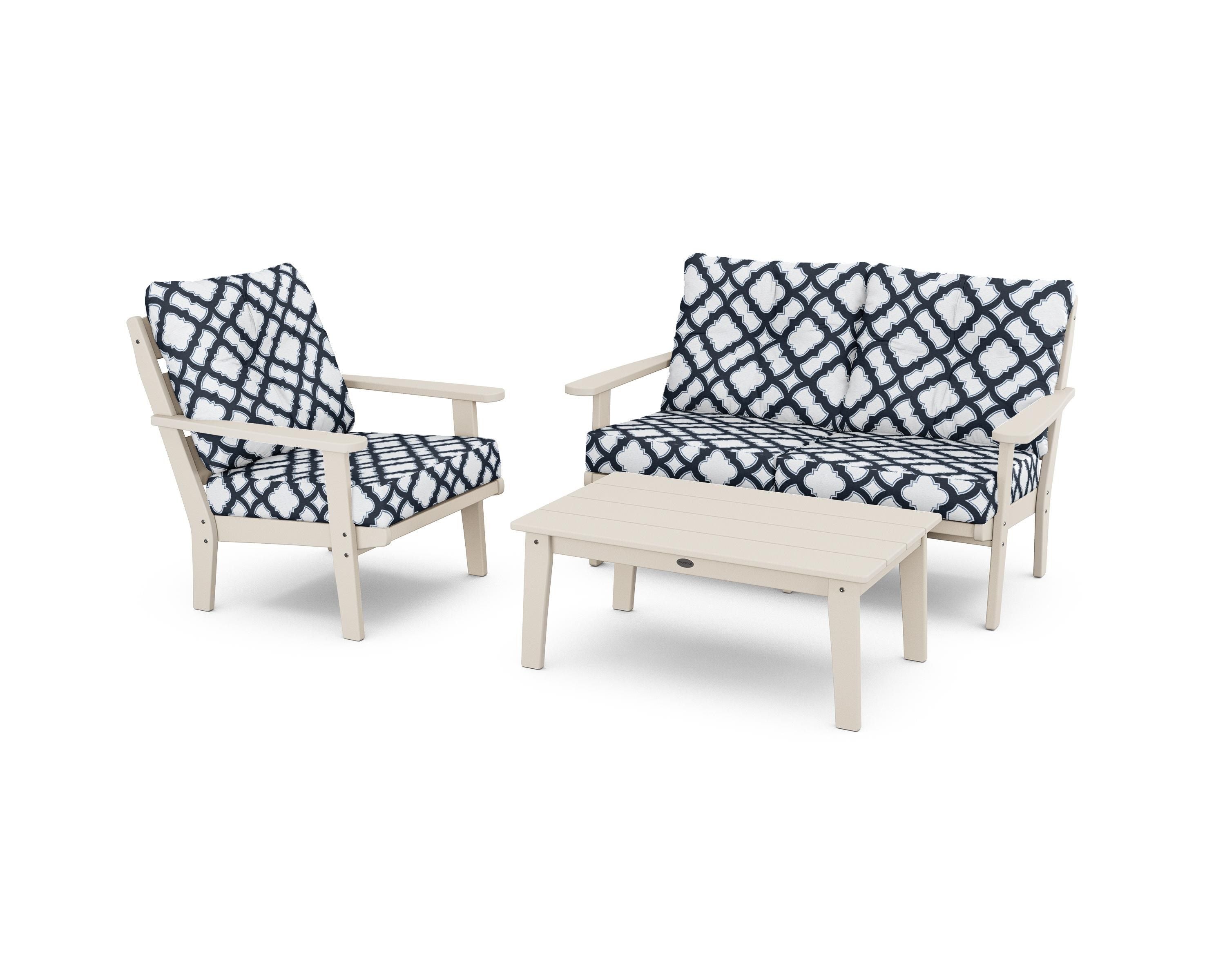 POLYWOOD® Lakeside 3-Piece Deep Seating Set in Sand / Trellis Marine Indigo