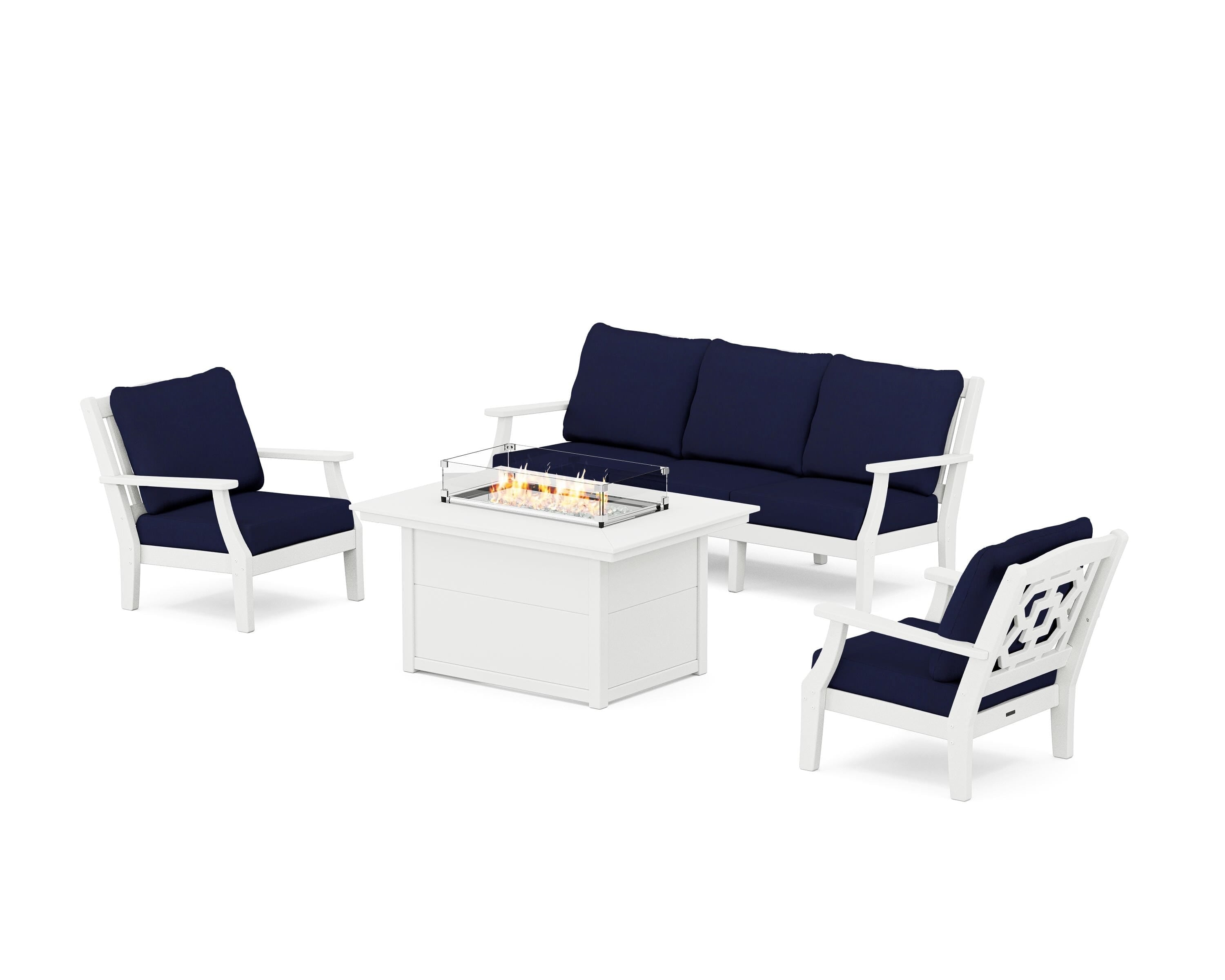 Martha Stewart by POLYWOOD® Chinoiserie Deep Seating Fire Pit Table Set in White / Navy
