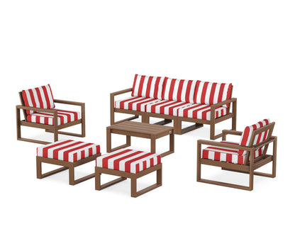 POLYWOOD® EDGE Sectional 8-Piece Lounge Sofa Set in Teak / Cabana Stripe Crimson