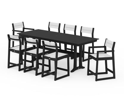 POLYWOOD® EDGE Sling 9-Piece Farmhouse Counter Set with Trestle Legs in Black / White Sling