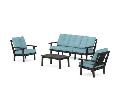POLYWOOD® Prairie 4-Piece Deep Seating Set with Sofa in Black / Lattice Sky Blue
