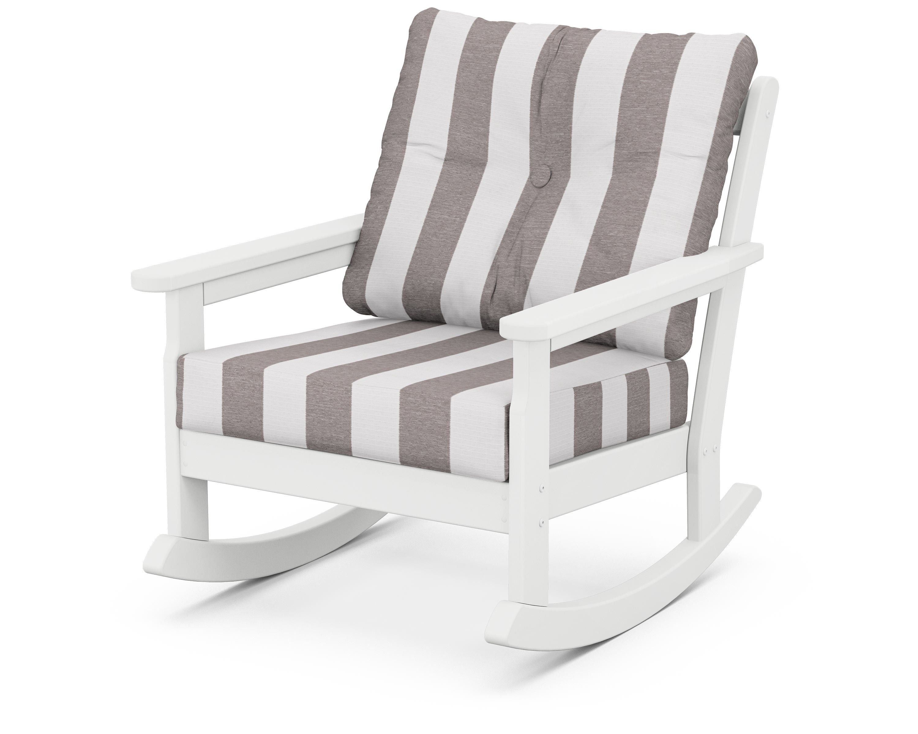 POLYWOOD® Vineyard Deep Seating Rocking Chair in White / Cabana Stripe Grey Mist