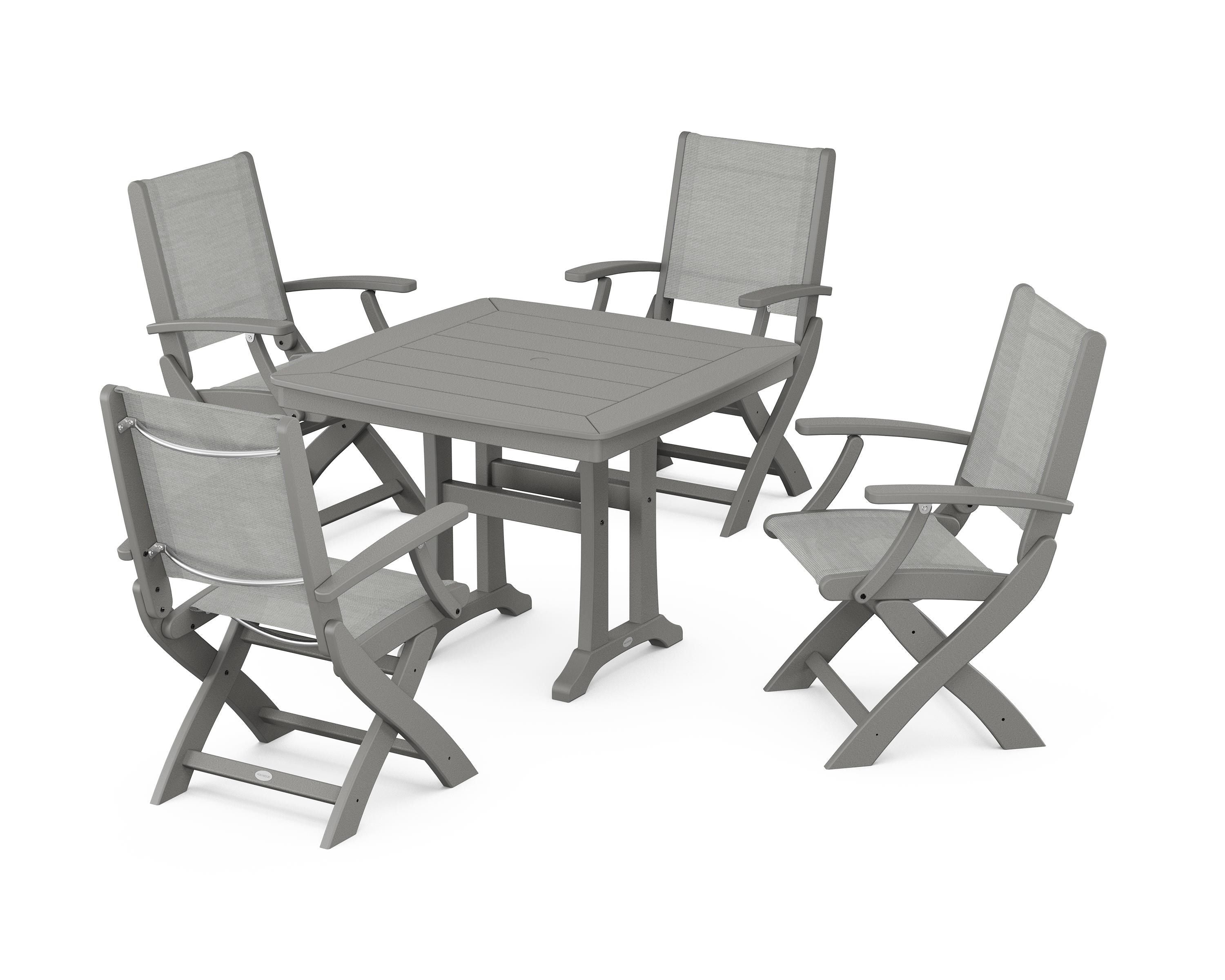 POLYWOOD® Coastal Folding Chair 5-Piece Dining Set with Trestle Legs in Slate Grey / Metallic Sling