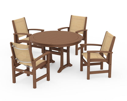 POLYWOOD® Coastal 5-Piece Round Dining Set with Trestle Legs in Teak / Dupioni Apricot Sling