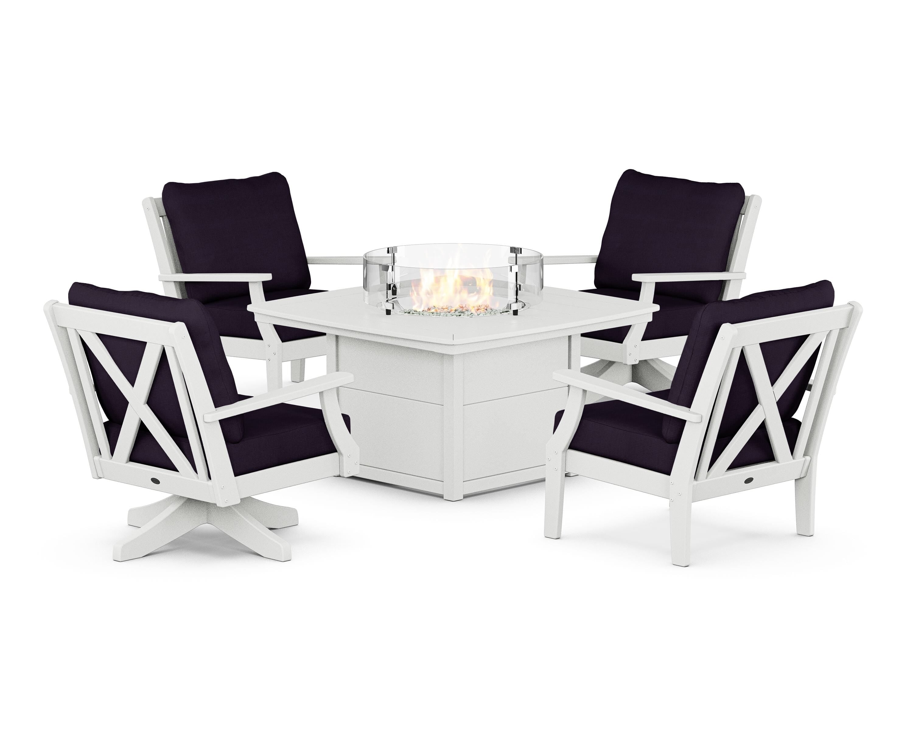POLYWOOD® Braxton 5-Piece Deep Seating Set with Fire Table in White / Navy Linen