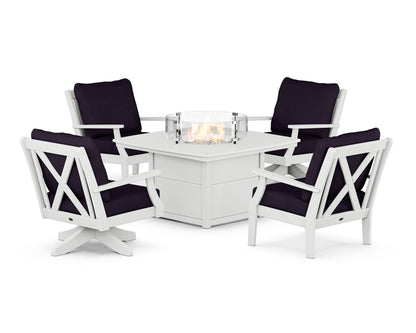POLYWOOD® Braxton 5-Piece Deep Seating Set with Fire Table in White / Navy Linen