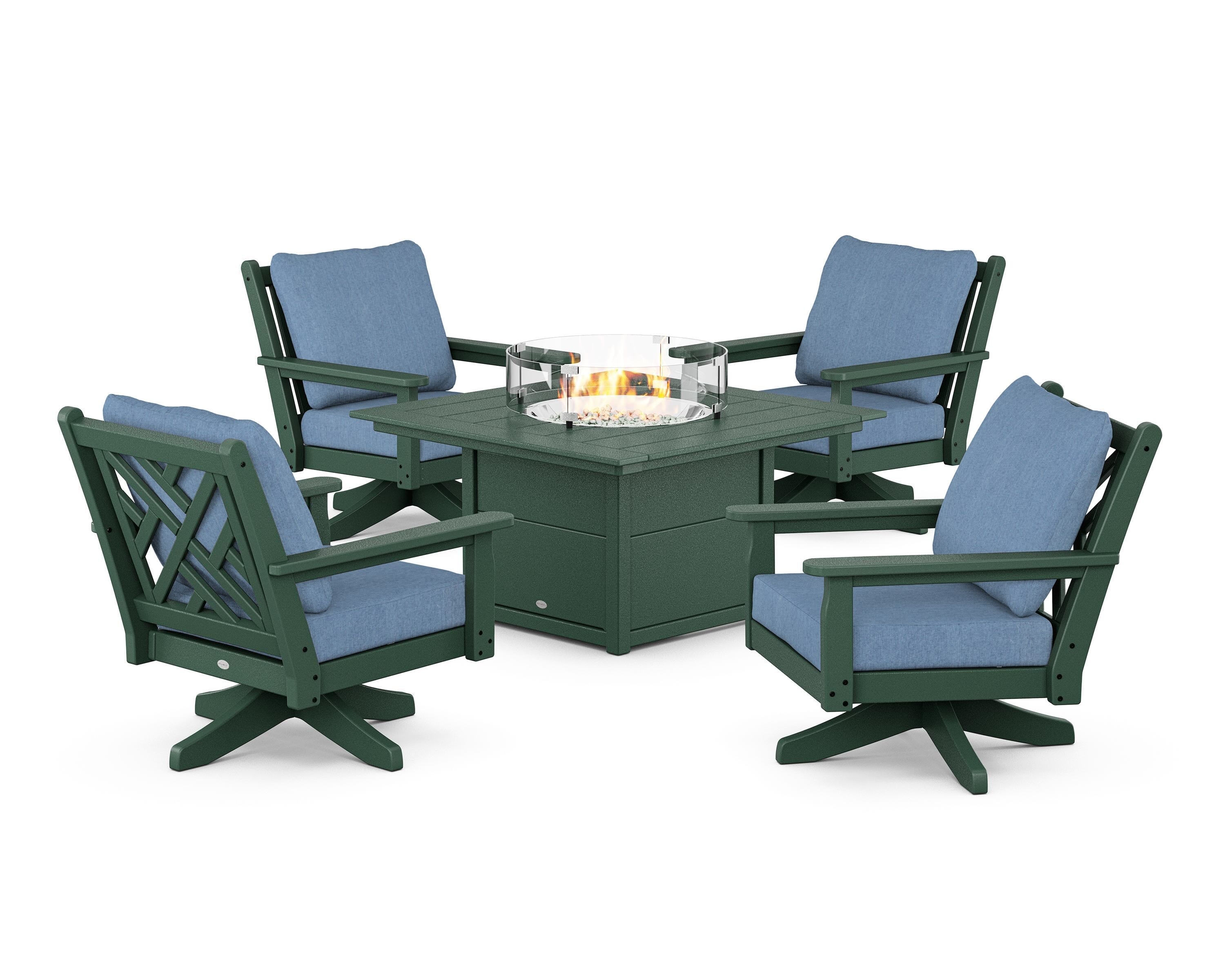 POLYWOOD® Chippendale 5-Piece Deep Seating Swivel Conversation Set with Fire Pit Table in Green / Sky Blue