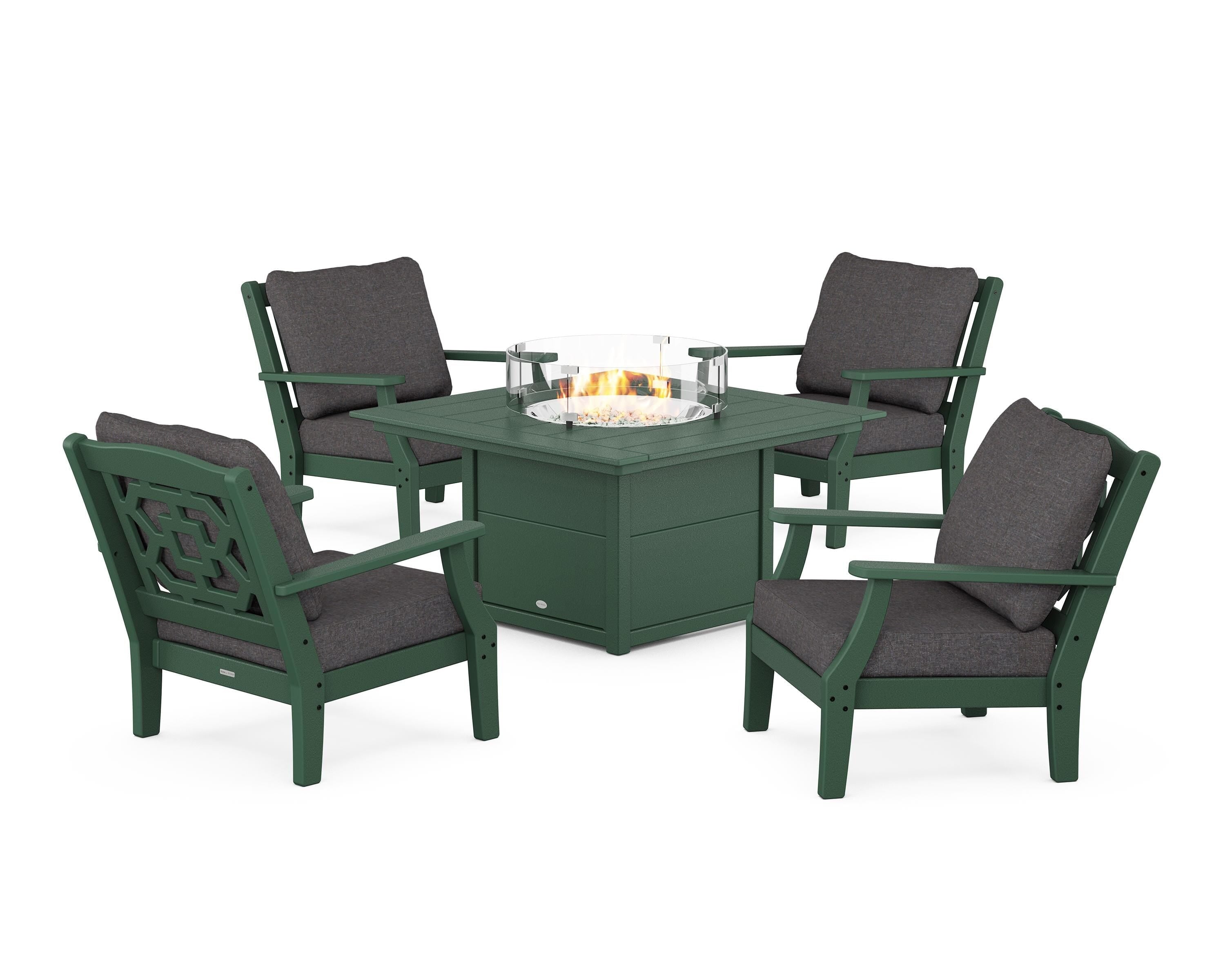 Martha Stewart by POLYWOOD® Chinoiserie 5-Piece Deep Seating Set with Fire Pit Table in Green / Ash Charcoal
