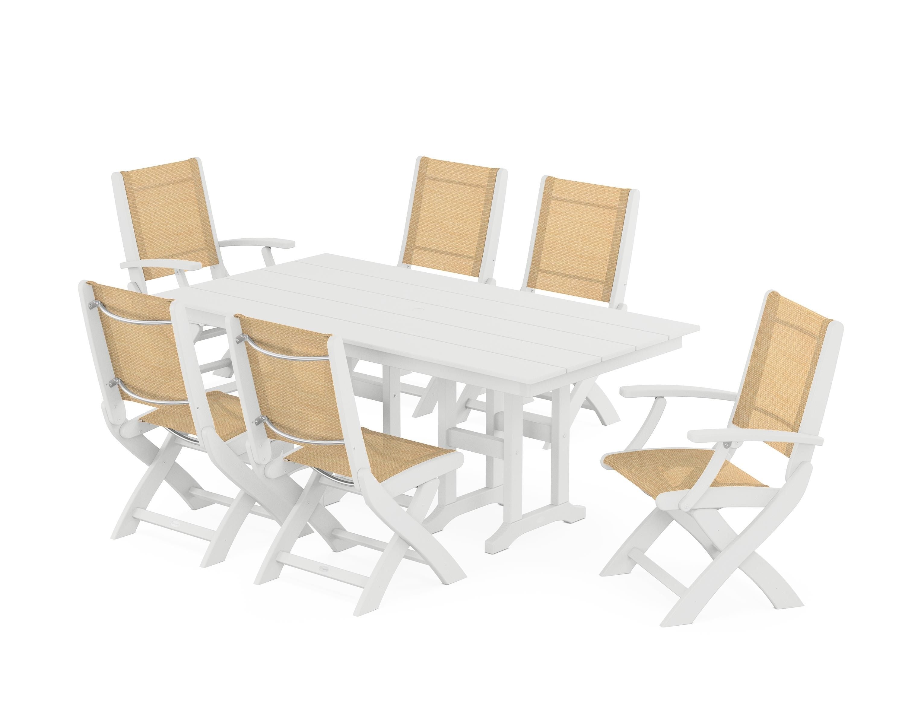 POLYWOOD® Coastal Folding Chair 7-Piece Farmhouse Dining Set in White / Dupioni Apricot Sling