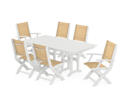 POLYWOOD® Coastal Folding Chair 7-Piece Farmhouse Dining Set in White / Dupioni Apricot Sling