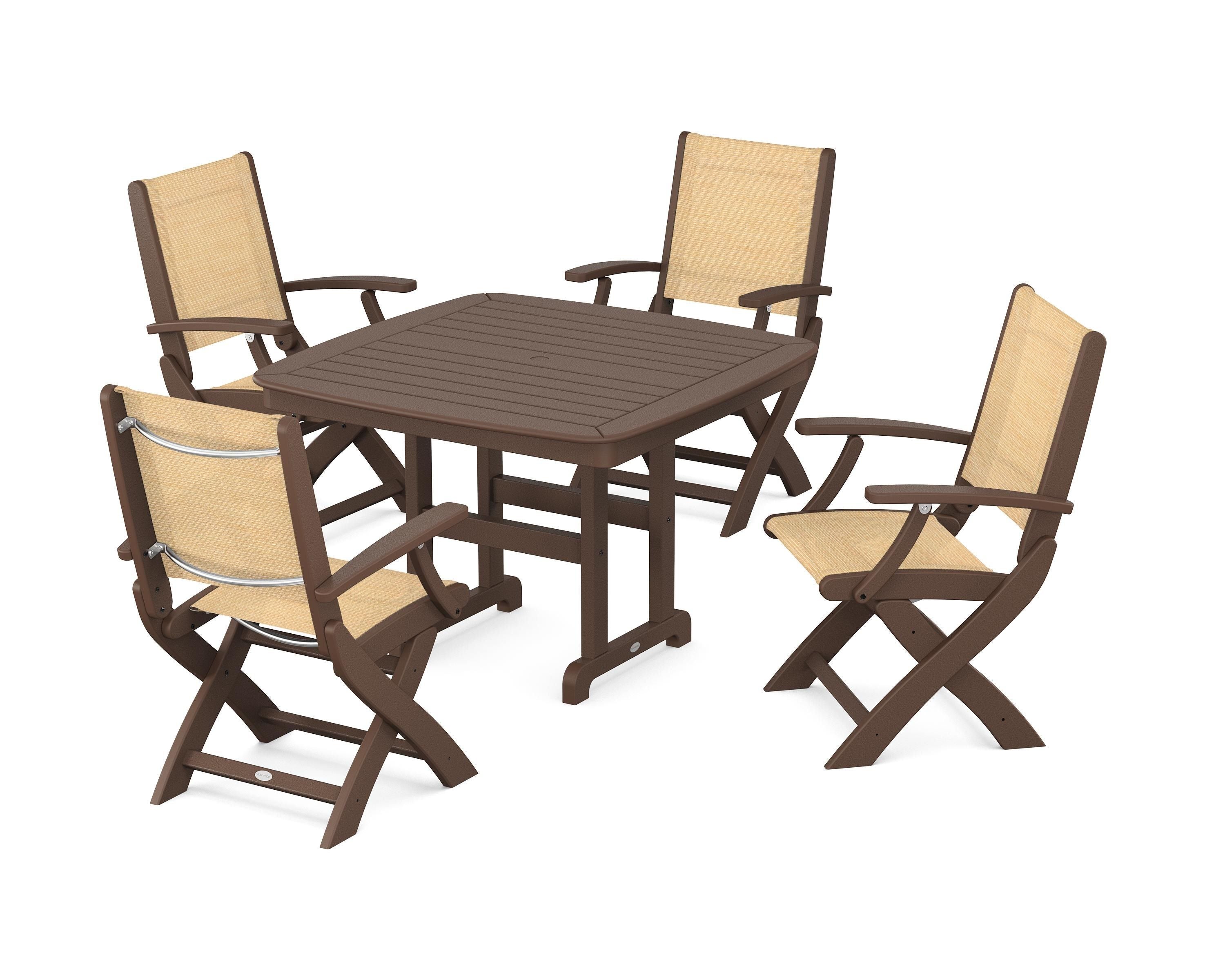 POLYWOOD® Coastal Folding Chair 5-Piece Dining Set in Mahogany / Dupioni Apricot Sling