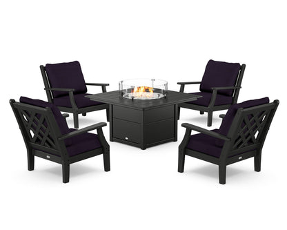 Country Living Wovendale 5-Piece Deep Seating Set with Fire Pit Table in Black / Navy Linen