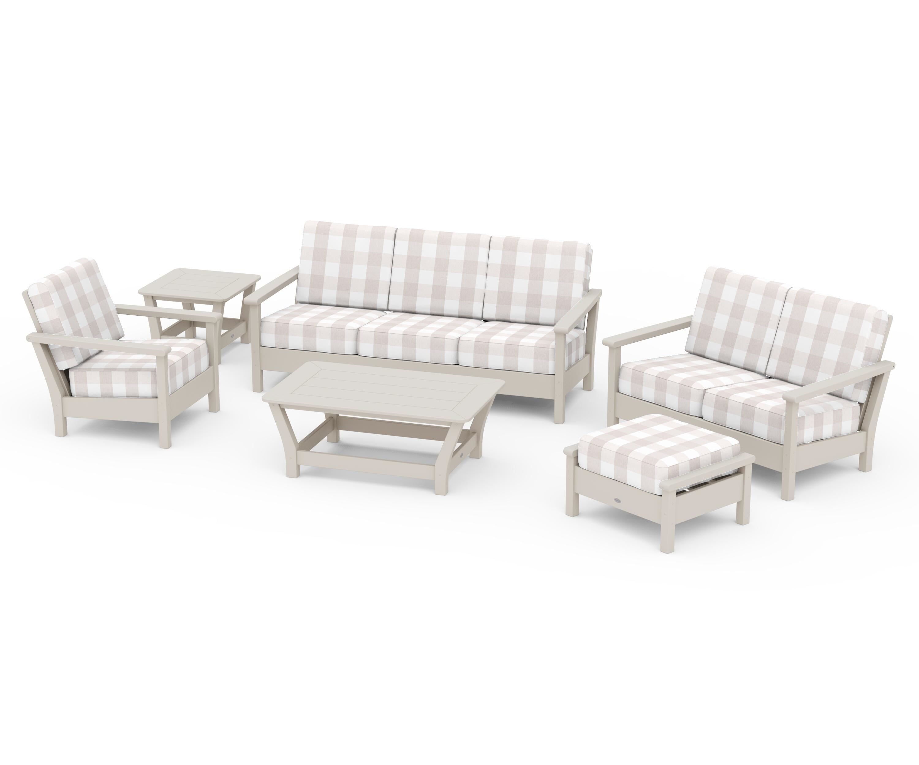POLYWOOD® Harbour 6-Piece Outdoor Living Set in Sand / Buffalo Plaid Dune Burlap