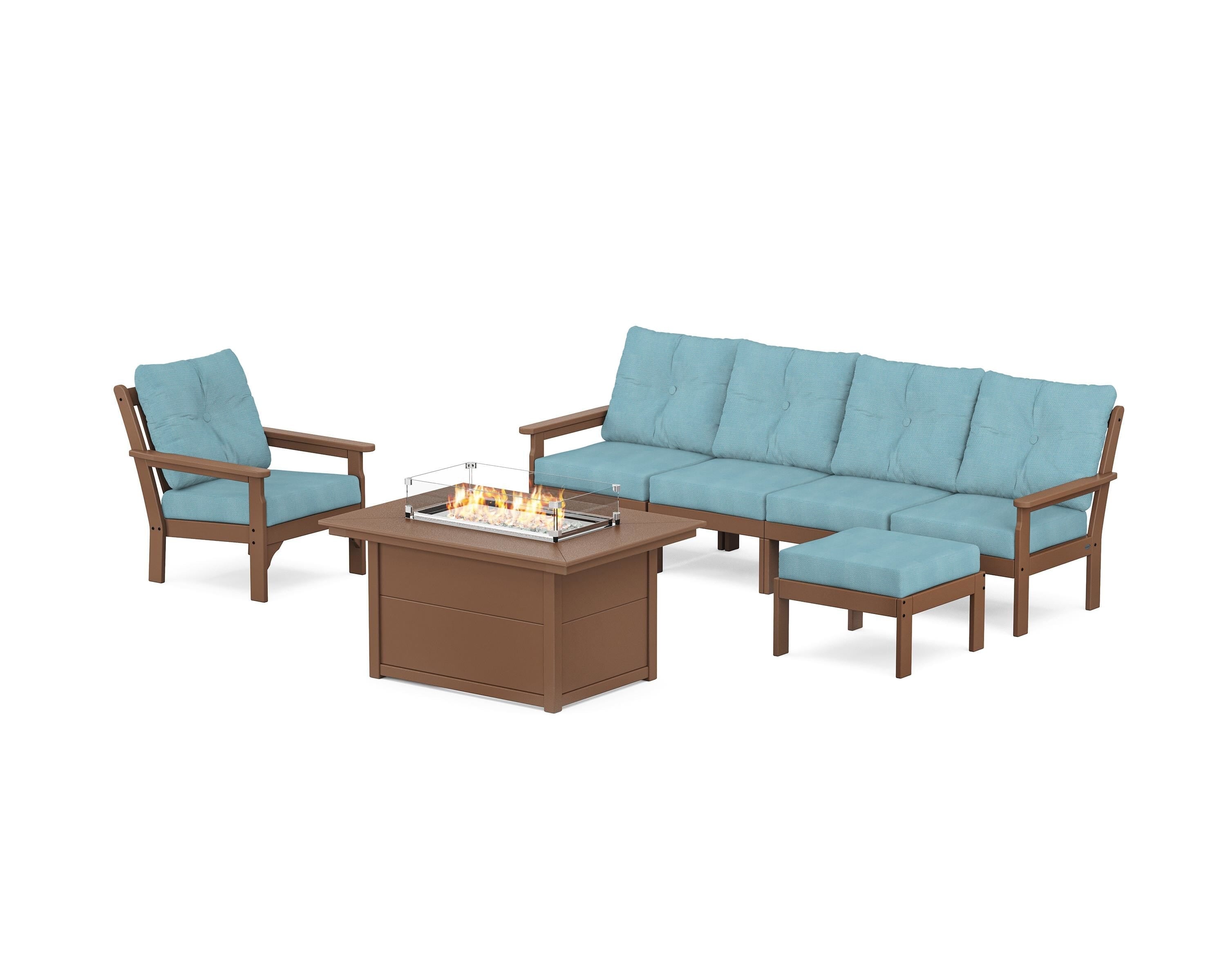 POLYWOOD® Vineyard Sectional Lounge and Fire Pit Set in Teak / Lattice Sky Blue