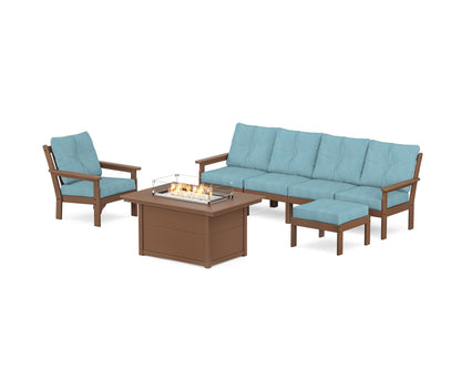 POLYWOOD® Vineyard Sectional Lounge and Fire Pit Set in Teak / Lattice Sky Blue