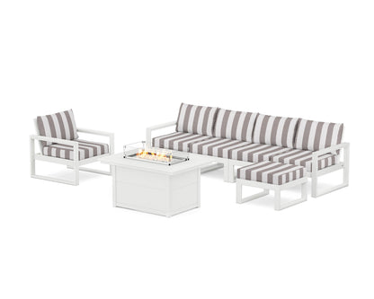 POLYWOOD® EDGE Sectional Lounge and Fire Pit Set in White / Cabana Stripe Grey Mist