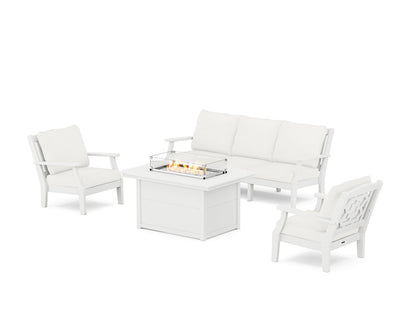 Martha Stewart by POLYWOOD® Chinoiserie Deep Seating Fire Pit Table Set in White / Natural Linen