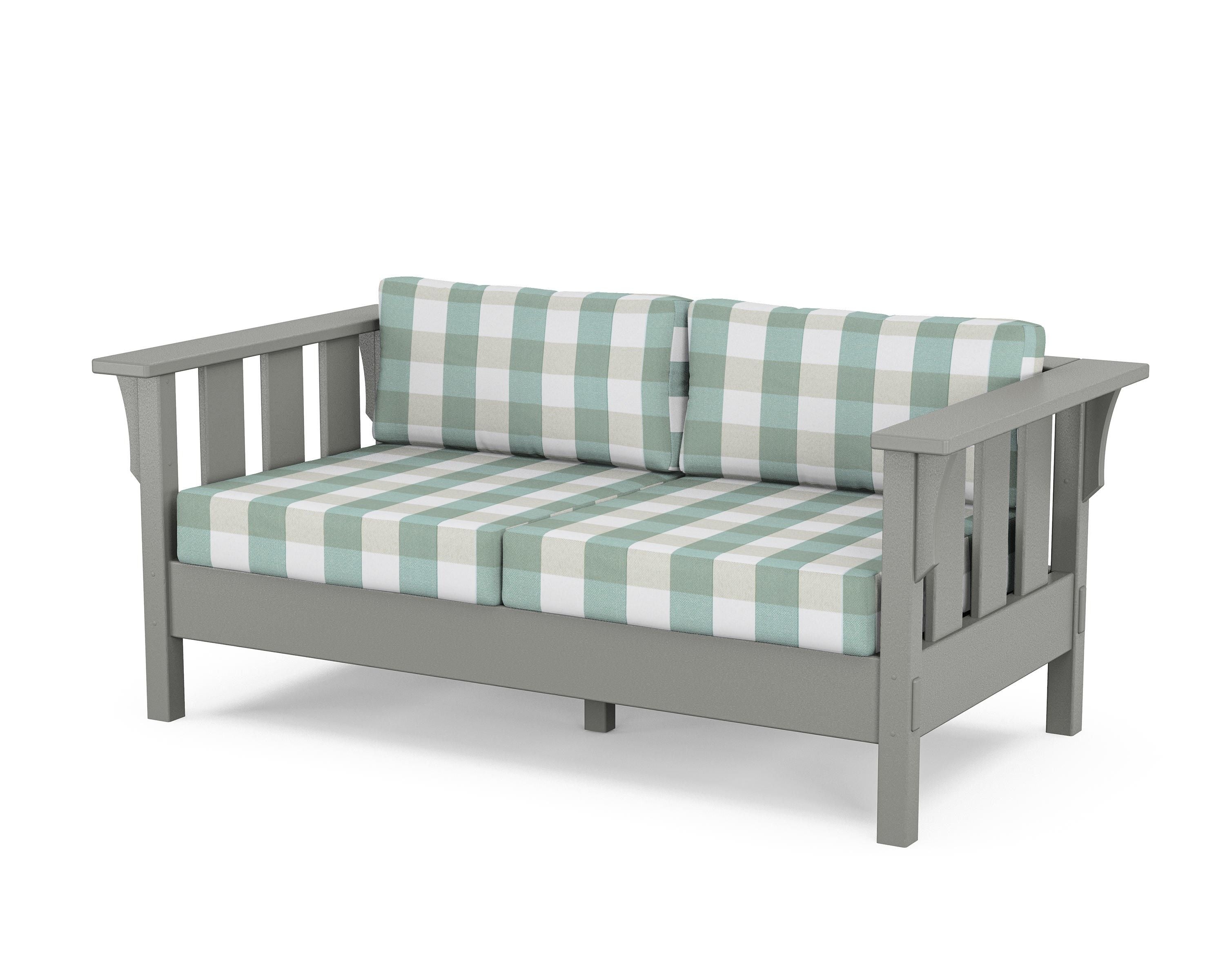 Martha Stewart by POLYWOOD® Acadia Deep Seating Loveseat in Slate Grey / Buffalo Plaid Glacier Spa