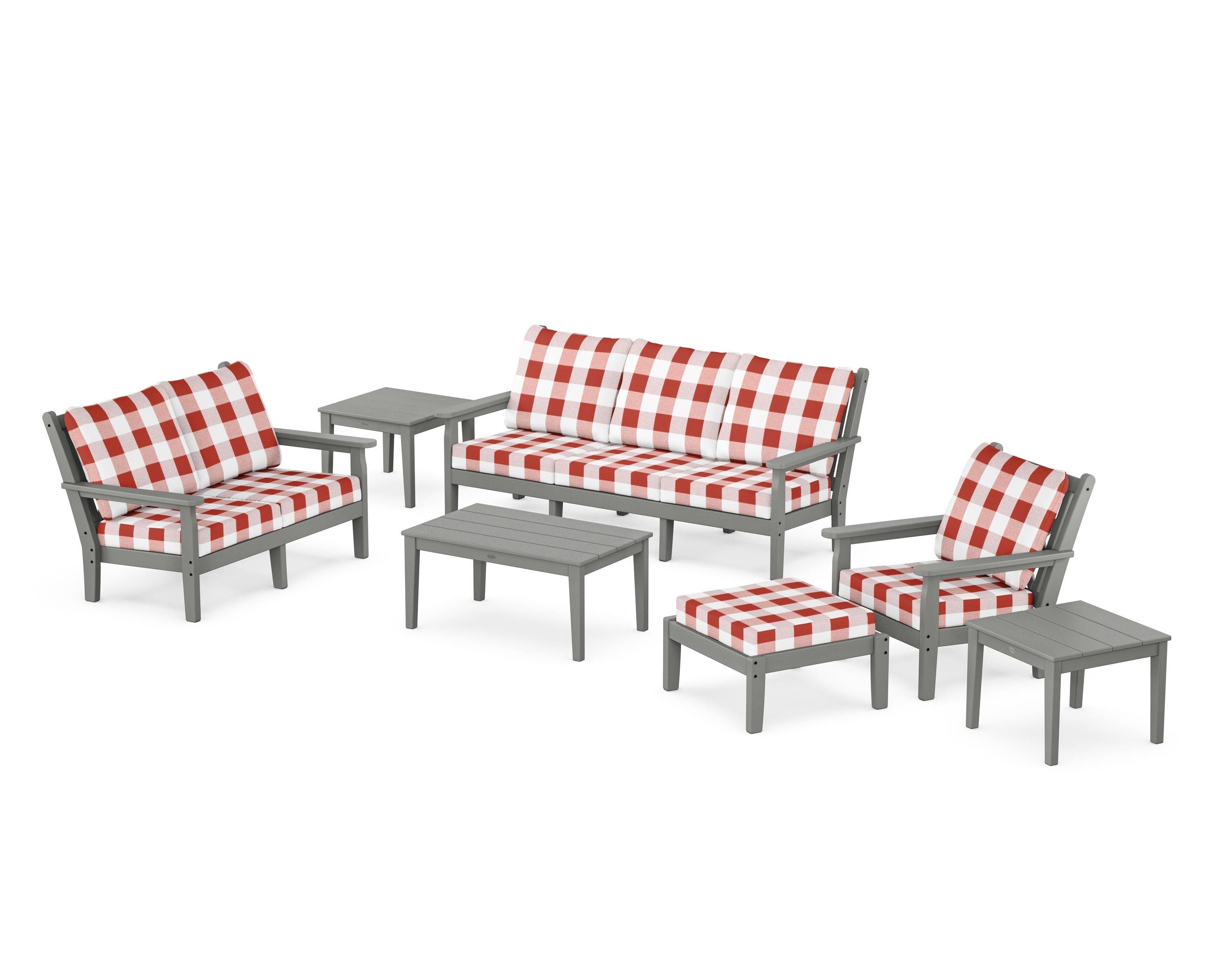 POLYWOOD® Chippendale 7-Piece Deep Seating Set in Slate Grey / Buffalo Plaid Crimson