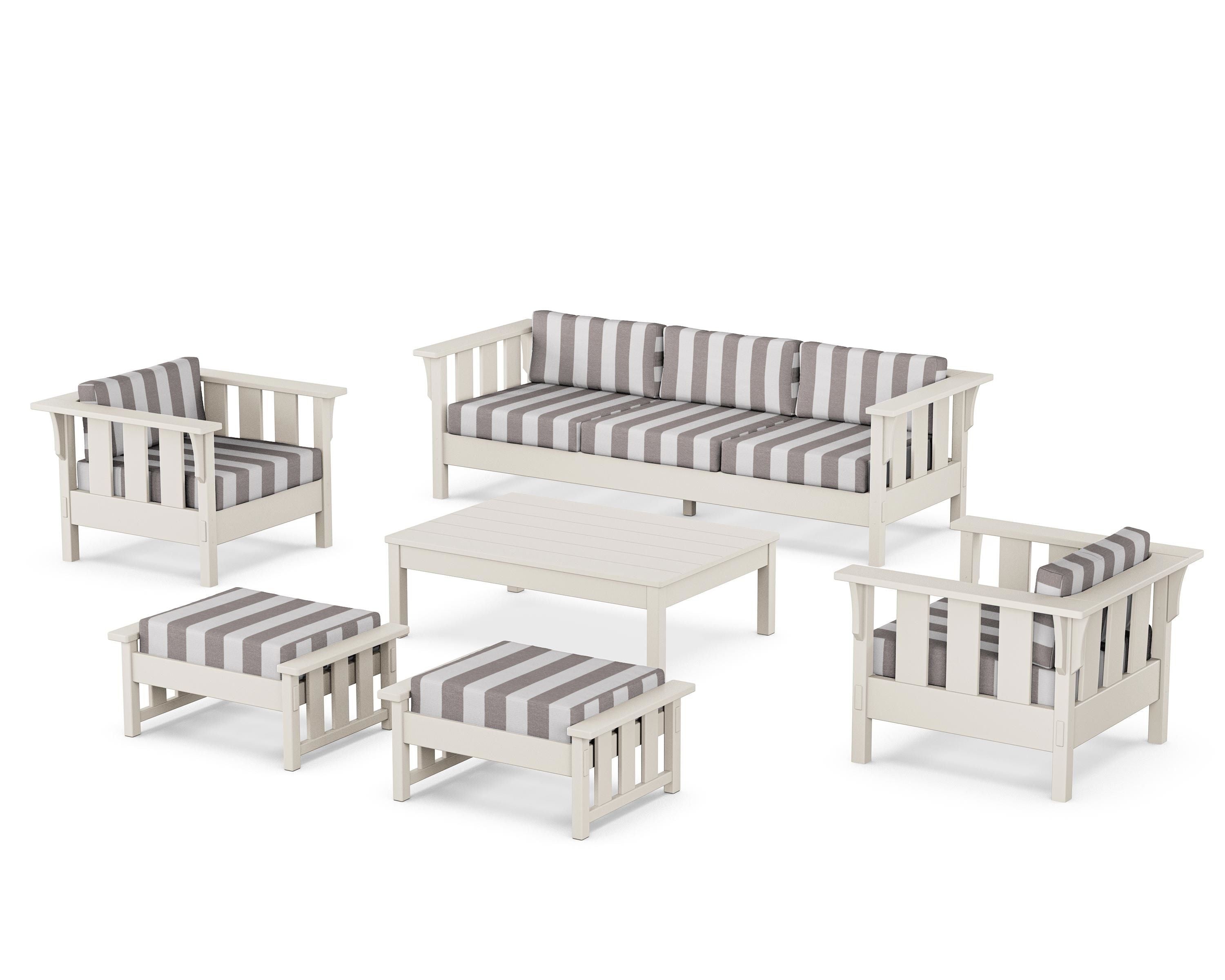 Martha Stewart by POLYWOOD® Acadia 6-Piece Lounge Sofa Set in Sand / Cabana Stripe Grey Mist