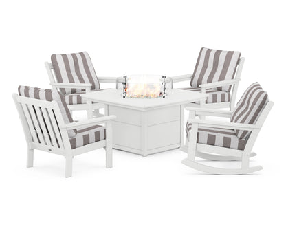 POLYWOOD® Vineyard 5-Piece Deep Seating Rocking Chair Conversation Set with Fire Pit Table in White / Cabana Stripe Grey Mist