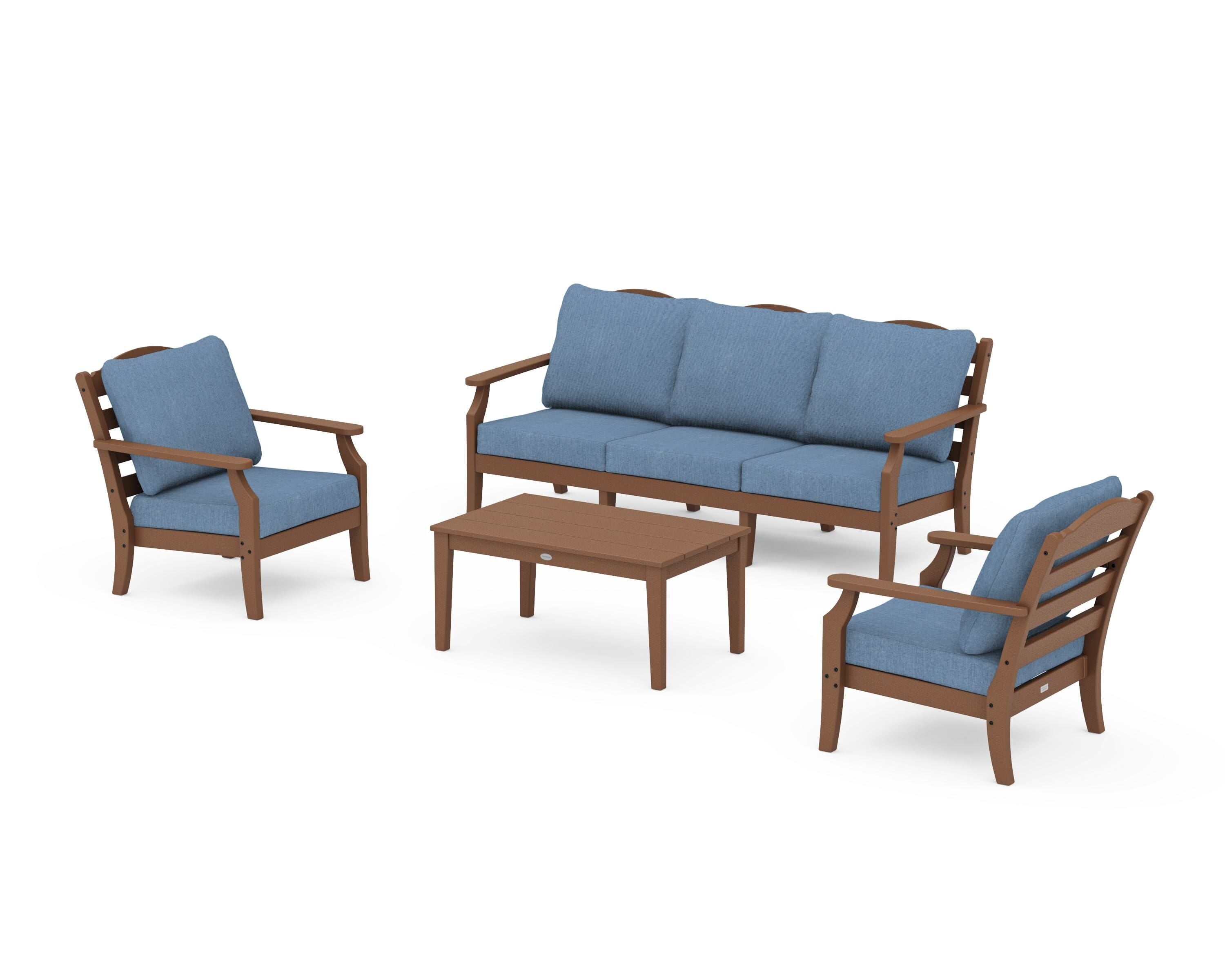 Draper James™ by  POLYWOOD® Savannah 4-Piece Deep Seating Set with Sofa in Teak / Sky Blue