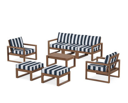 POLYWOOD® EDGE Sectional 8-Piece Lounge Sofa Set in Teak / Cabana Stripe Marine Indigo